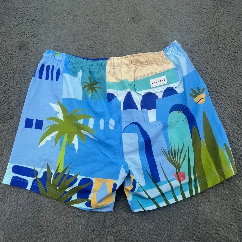 MAVRANS Mens Moroccan Swim Shorts XXL Blue Print Elastic‎ Waist Drawstring NEW